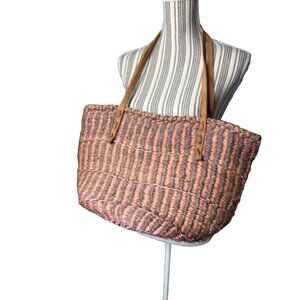 Vtg Sisal Market Jute Tote Bag Art Woven Raffia Bucket Basket Leather